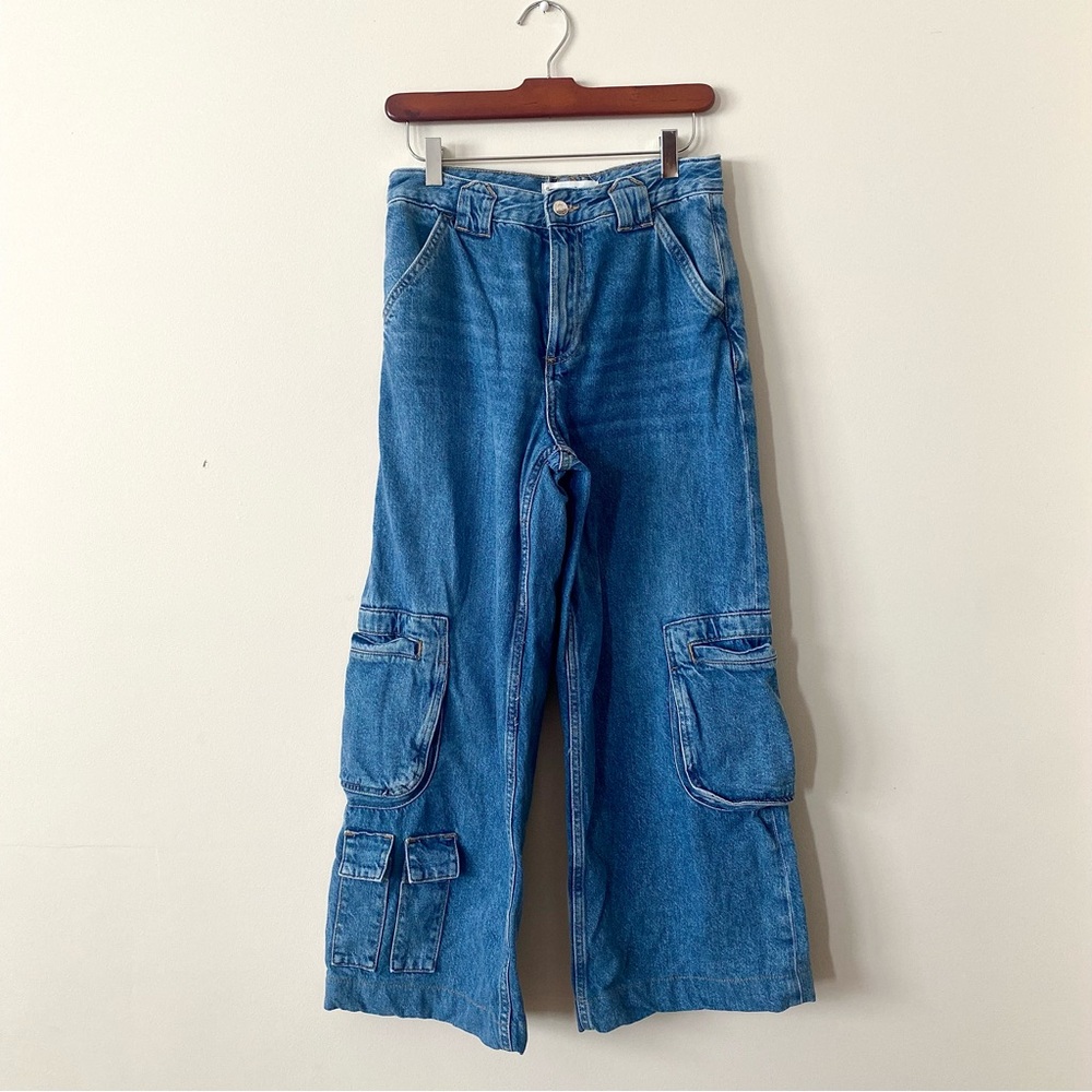 Mango Cropped Wide Leg Jeans Marine Straight High Waist 100% Cotton Size 4
